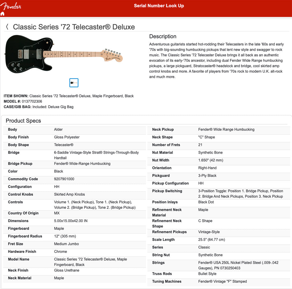 Fender Classic Series 72 Telecaster Deluxe Tele Wide Range Humbuckers